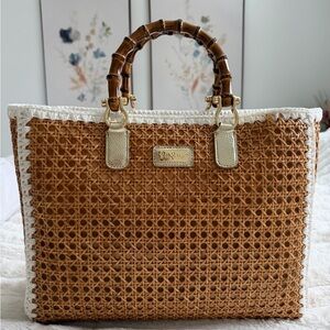 *NWT*  Lilly Pulitzer Greydon Cane Tote in Tan and White with Bamboo Handles